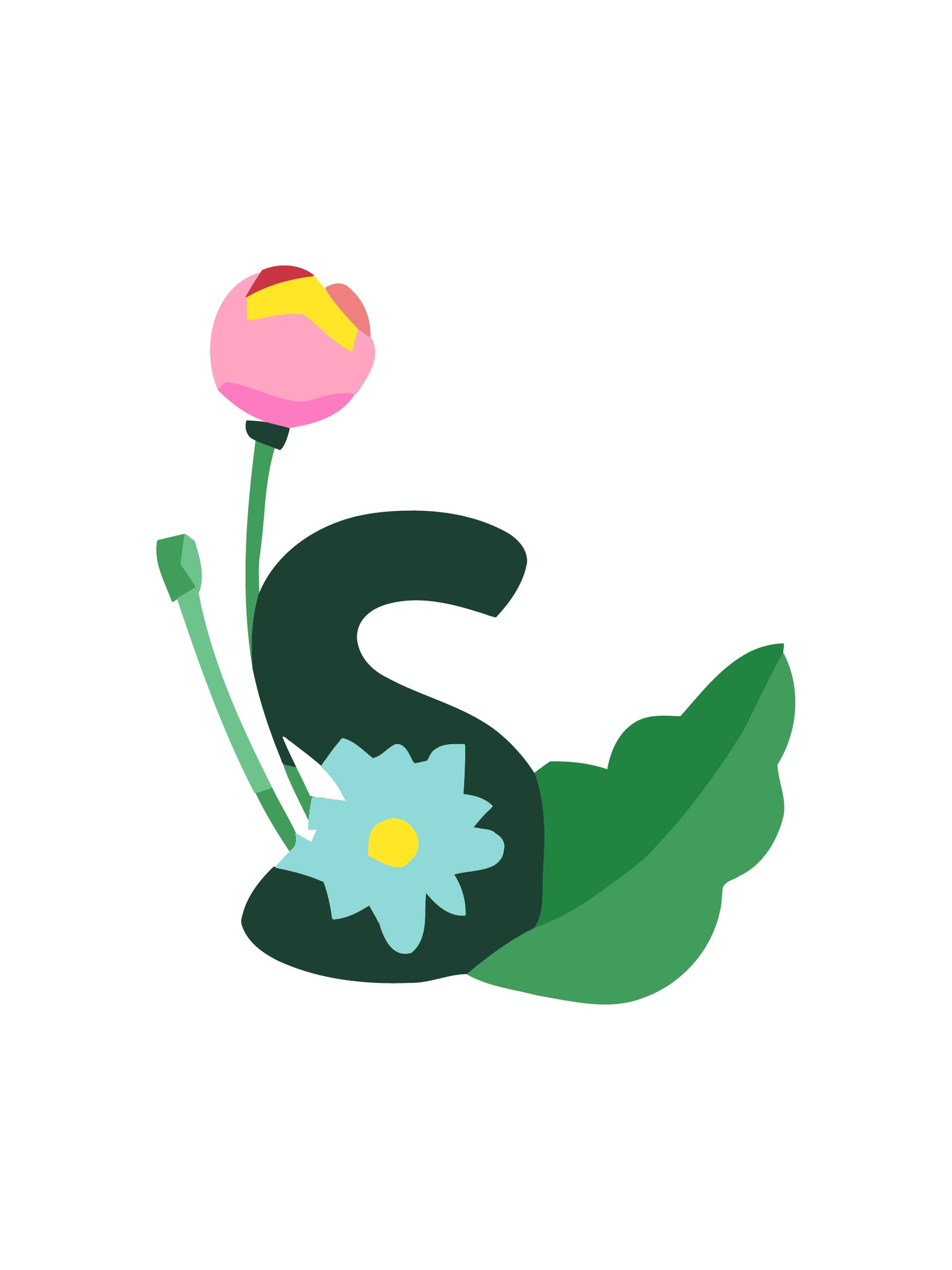 Buchstabe „S“ mit Blumen und Blättern auf weißem Hintergrund