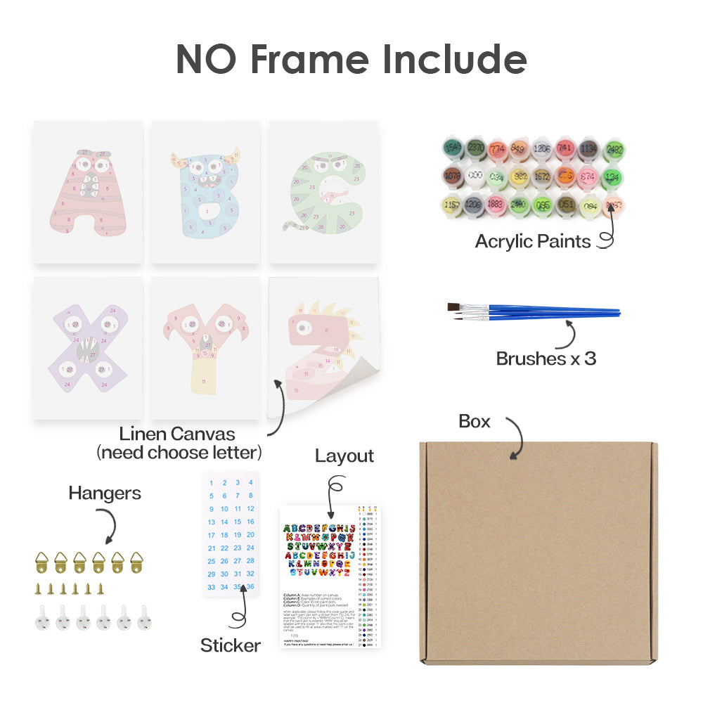 Product bundle with linen canvas, acrylic paints, brushes, box, hangers, and sticker on a white background.