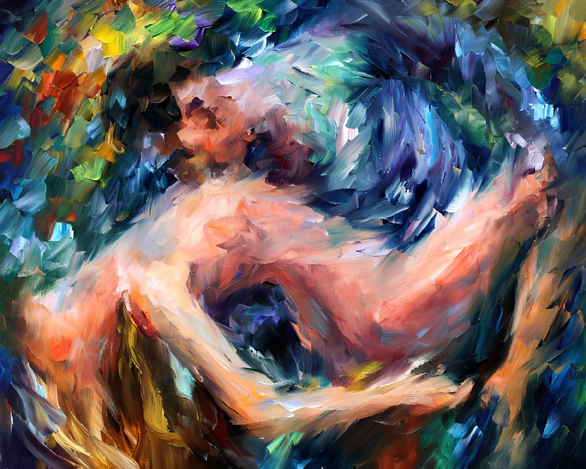 Two intertwined figures in an embrace, surrounded by swirling blue, green and warm brushstrokes.