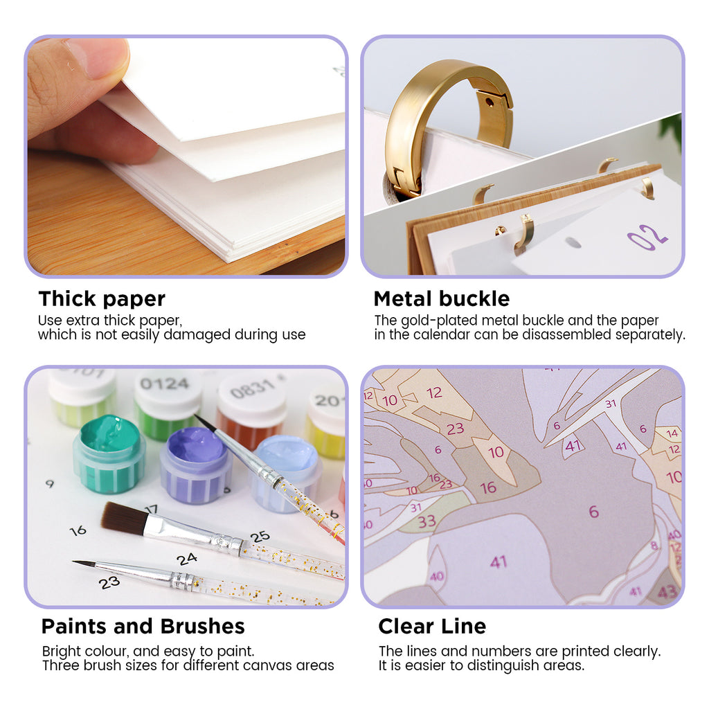 Product features including thick paper, metal buckle, paints and brushes, and clear line on a calendar.