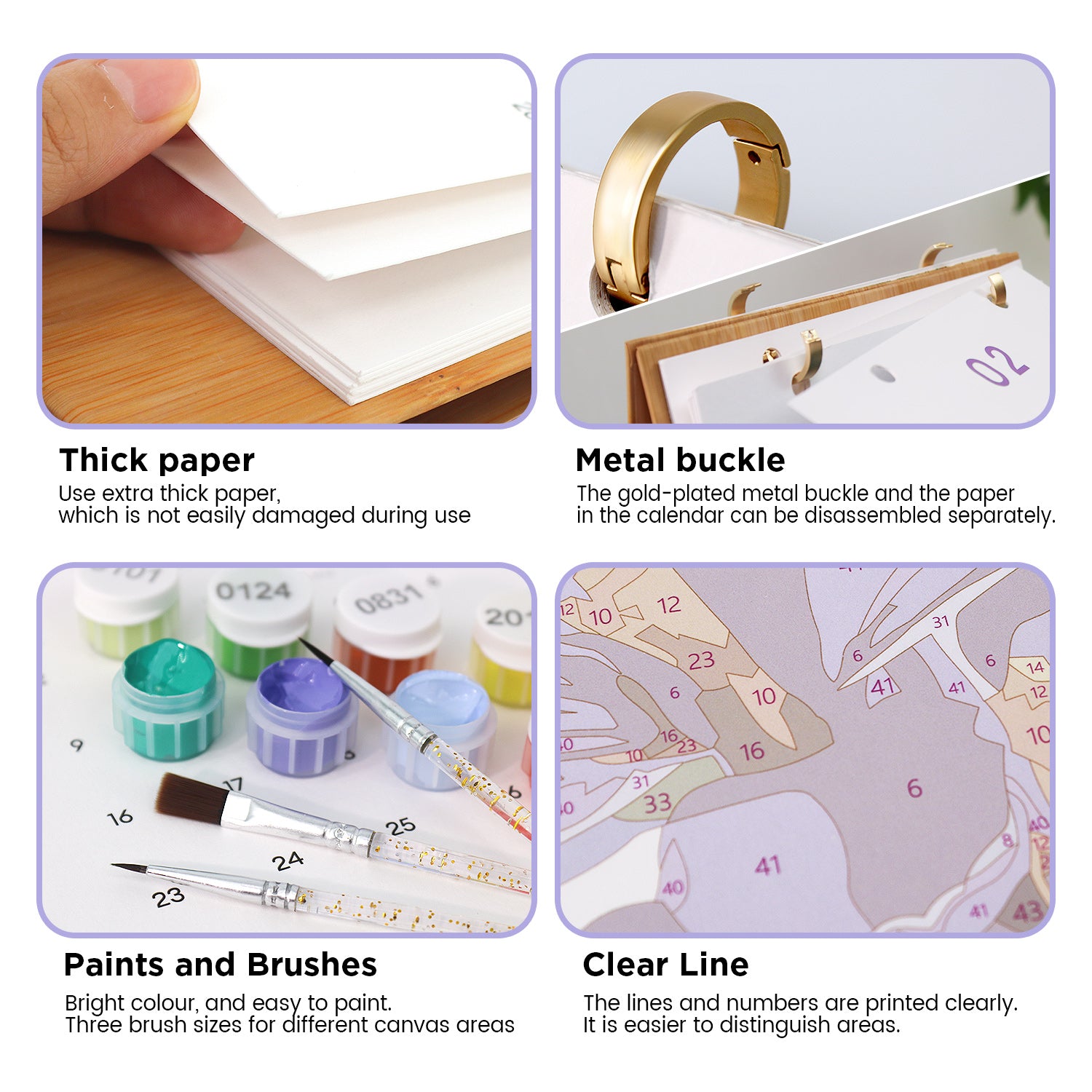 Product features including thick paper, metal buckle, paints and brushes, and clear line on a calendar.