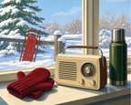 A cream radio, red mittens and a green thermos on a windowsill overlooking snow.