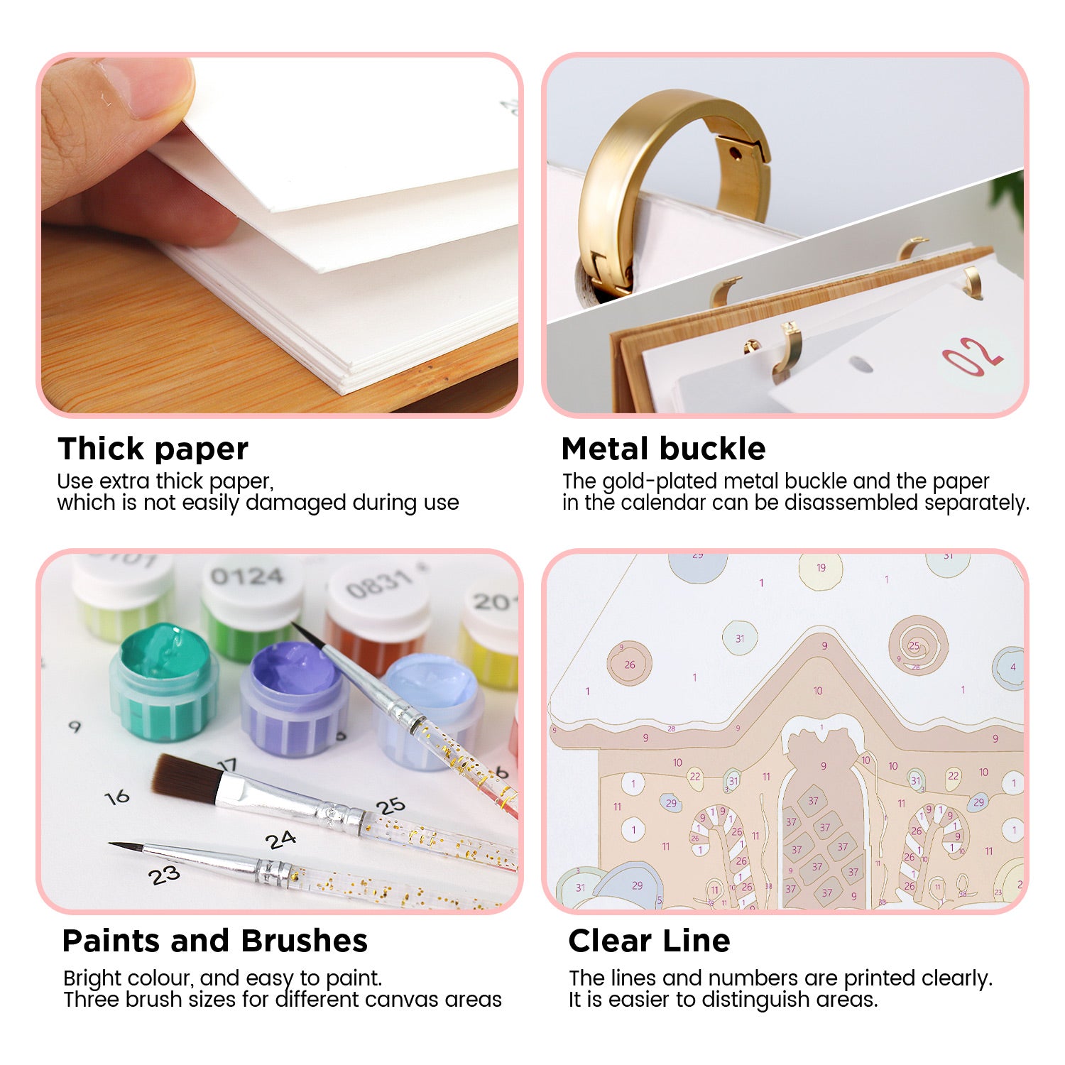 Zu den Produktmerkmalen gehören dickes Papier, Metallschnalle, Farben und Pinsel sowie eine klare Linie auf einem Kalender.