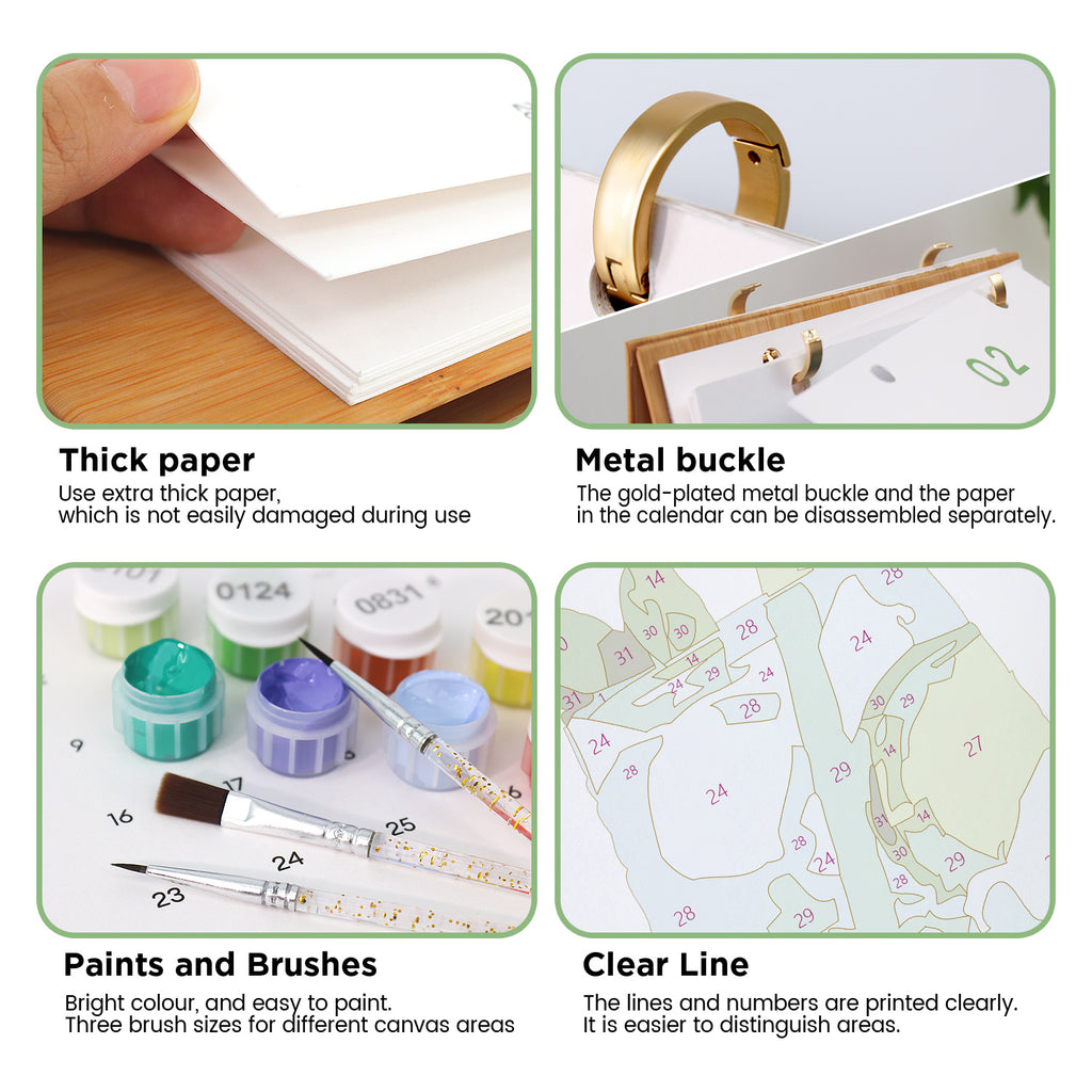 Las características del producto incluyen papel grueso, hebilla de metal, pinturas y pinceles, y una línea clara en un calendario.