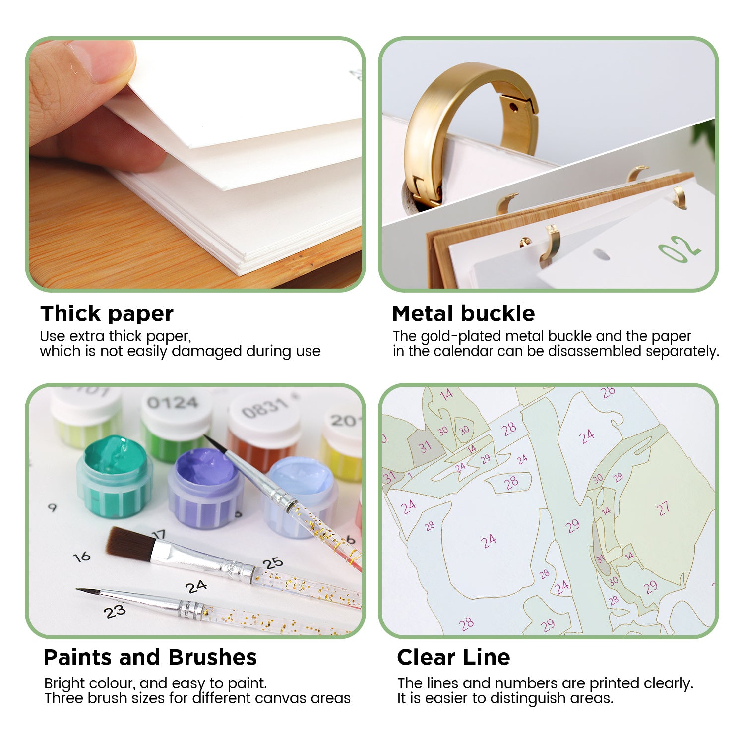 Product features including thick paper, metal buckle, paints and brushes, and clear line on a calendar.