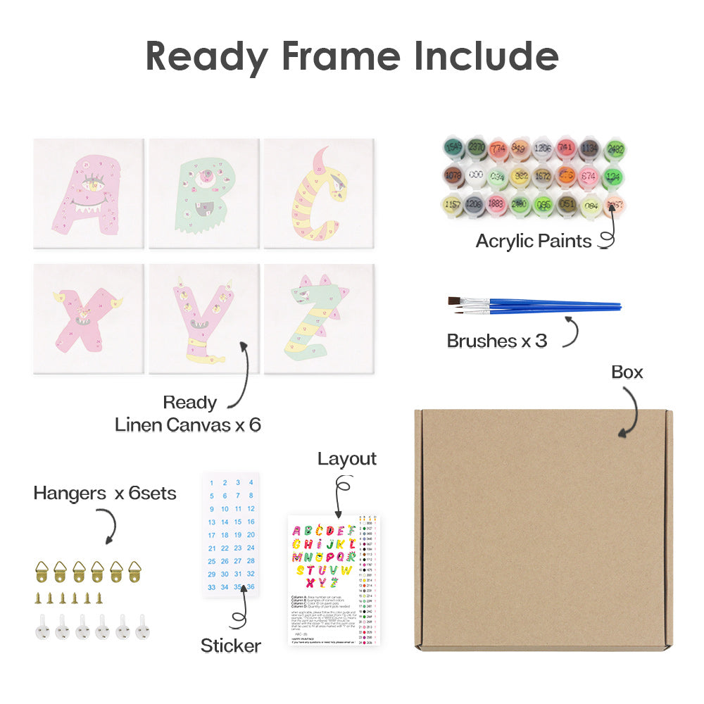 Set of art supplies including acrylic paints, brushes, linen canvas, and other materials on a white background.