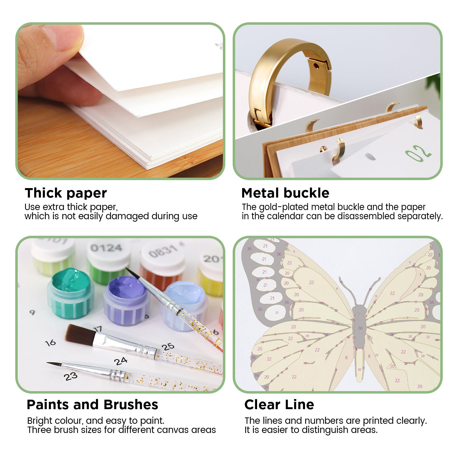 Product features including thick paper, metal buckle, paints and brushes, and clear line on a calendar.
