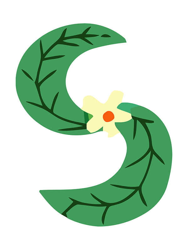 Green crescent moon with leaves and a yellow flower on a white background