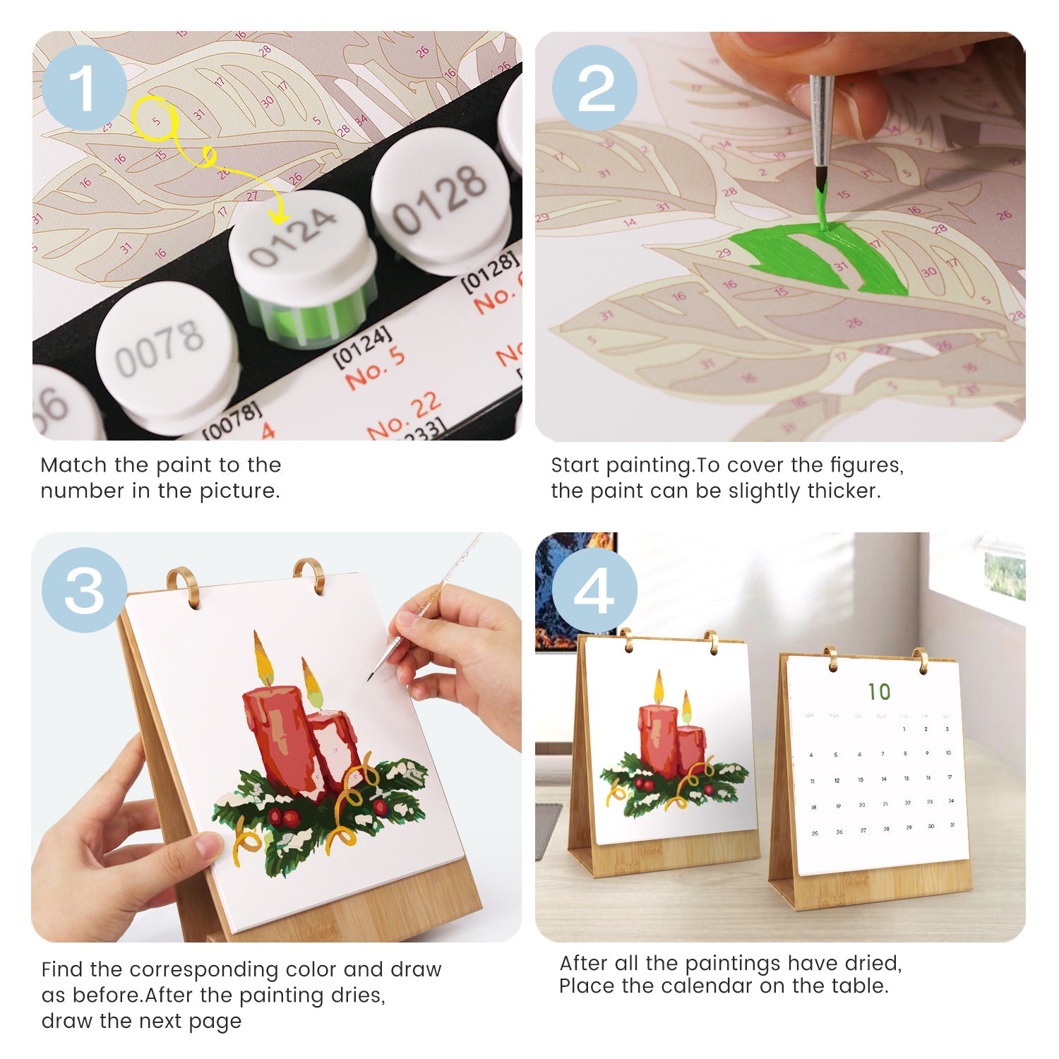 Guía paso a paso para crear un calendario de temática navideña con pintura y números.