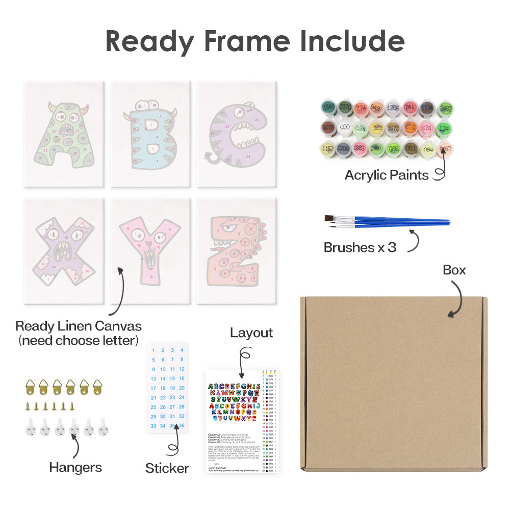 Product set with ready frame components including linen canvas, acrylic paints, brushes, box, hangers, and sticker.