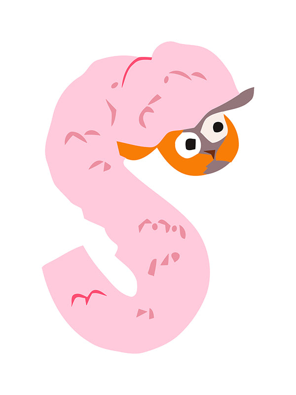 Pink letter 'S' with a cartoon character on a white background
