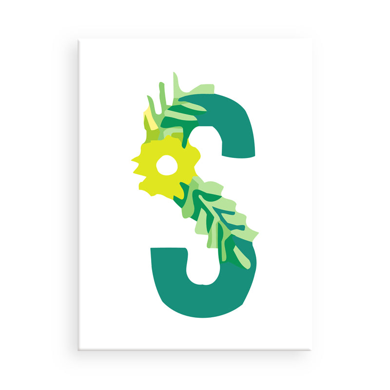 Decorative letter 'S' with green and yellow design on a white background