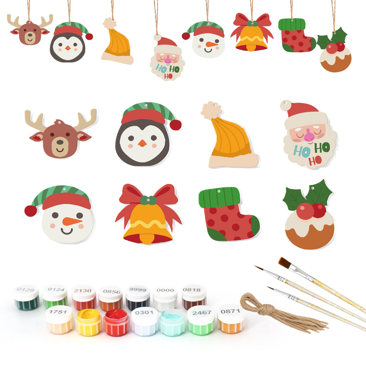 Set of Christmas-themed ceramic decorations with painting supplies on a white background