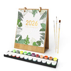 Easel-style calendar with 2026 design, paint set, and brushes on a white background