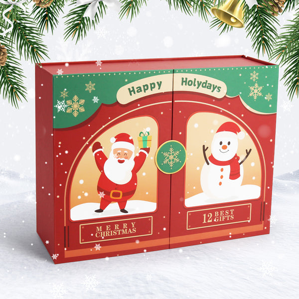 Christmas-themed gift box with Santa Claus and snowman illustrations on a snowy background.