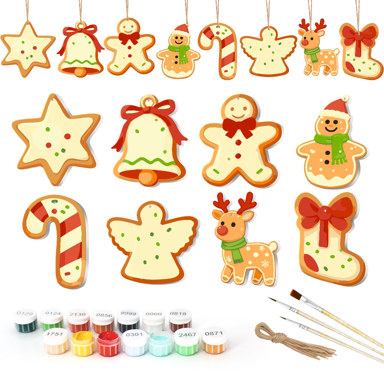 Set of Christmas-themed ceramic decorations with paint supplies on a white background