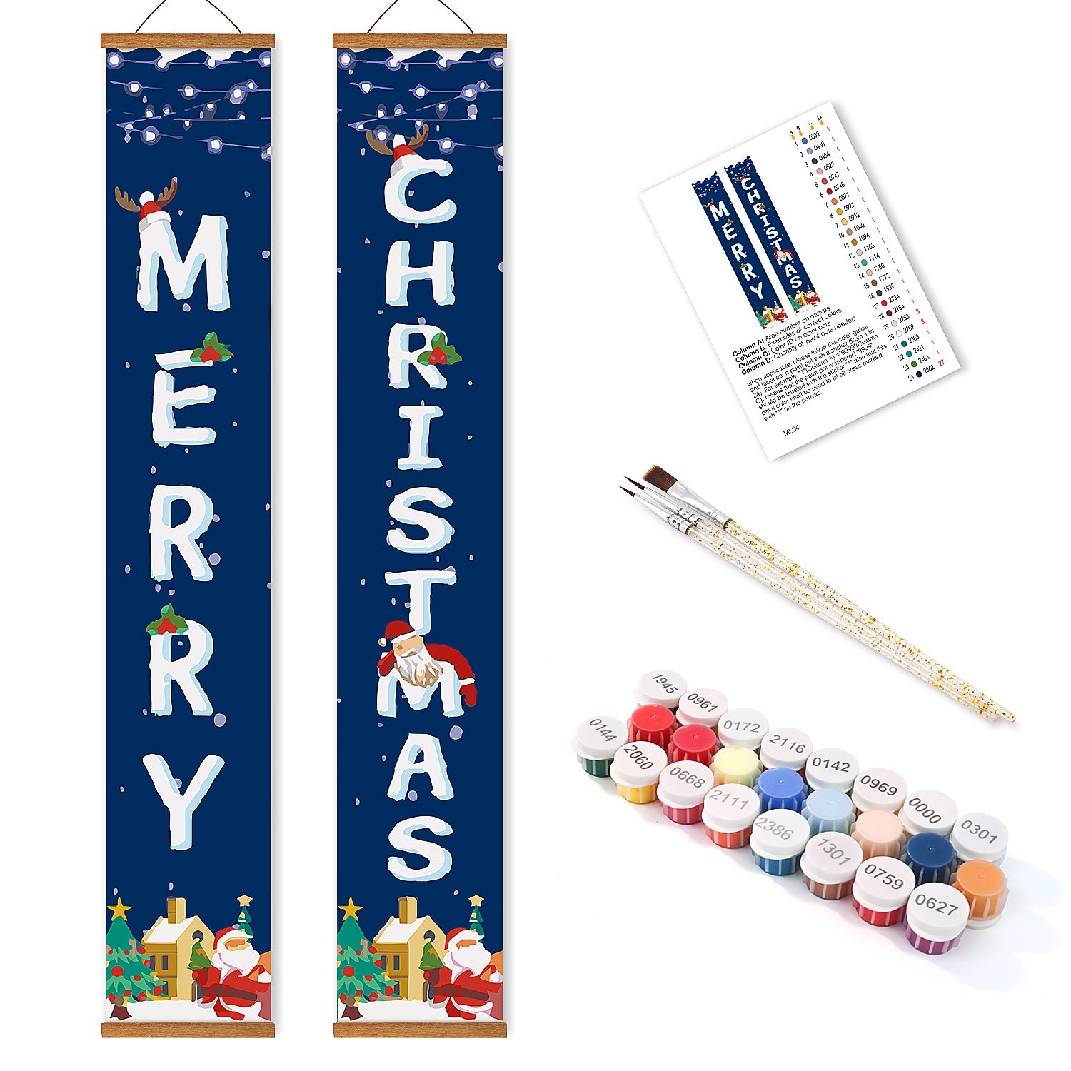 Décoration murale sur le thème de Noël avec bannières verticales, bouteilles de peinture et pinceau sur fond blanc.