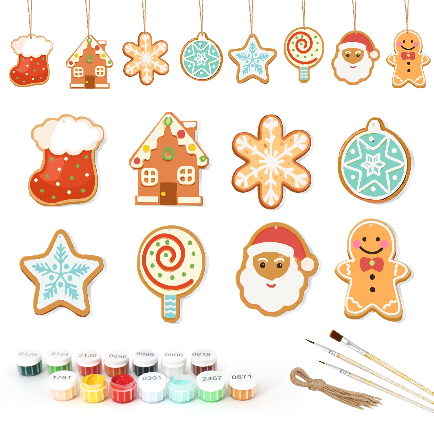 Juego de cortadores de galletas con temática navideña con latas de pintura y pinceles sobre un fondo blanco.