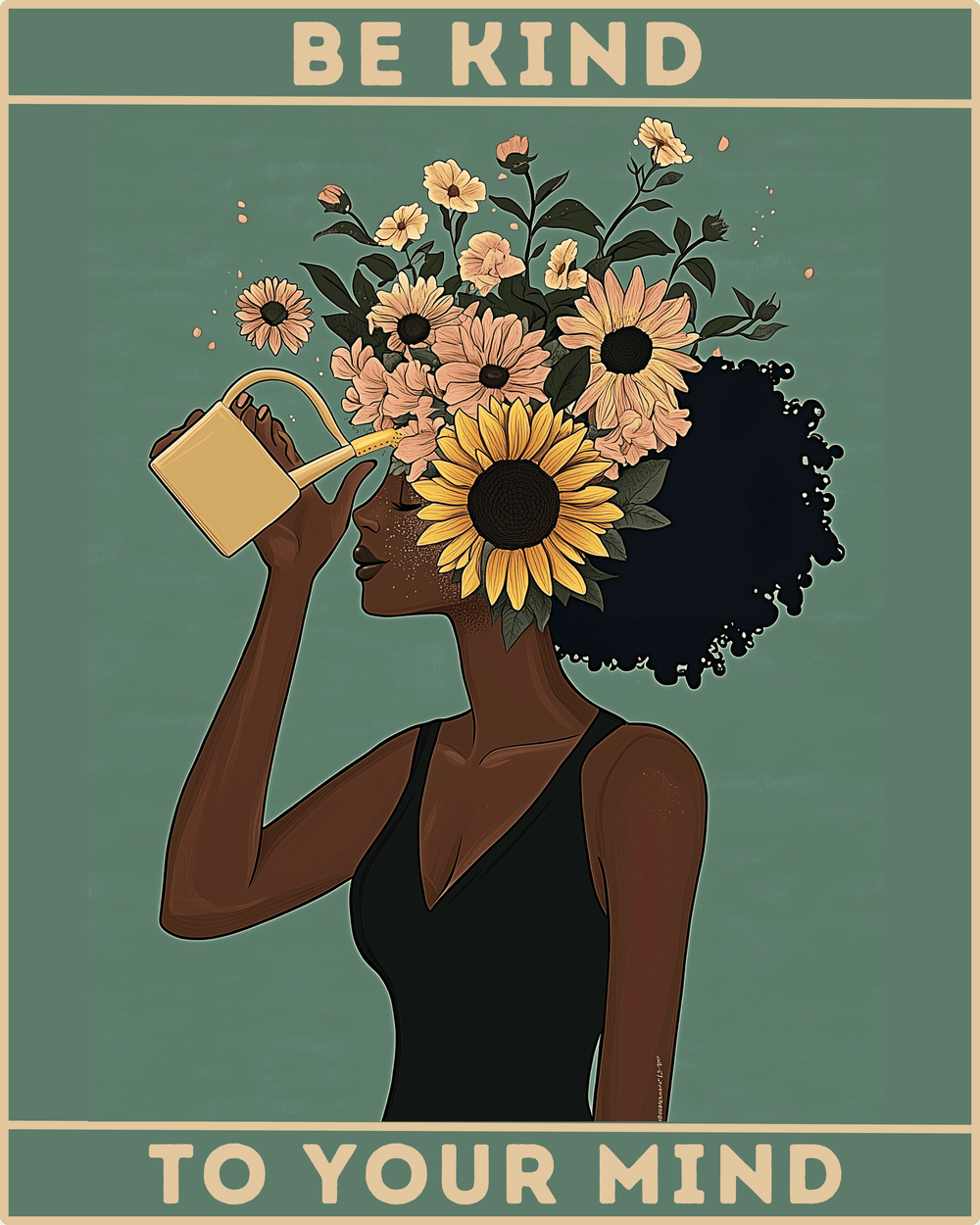 A paint-by-numbers kit image featuring a woman with sunflowers and wildflowers blooming from her hair, with the text 'BE KIND TO YOUR MIND' at the top.