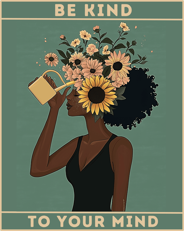 A paint-by-numbers kit image featuring a woman with sunflowers and wildflowers blooming from her hair, with the text 'BE KIND TO YOUR MIND' at the top.