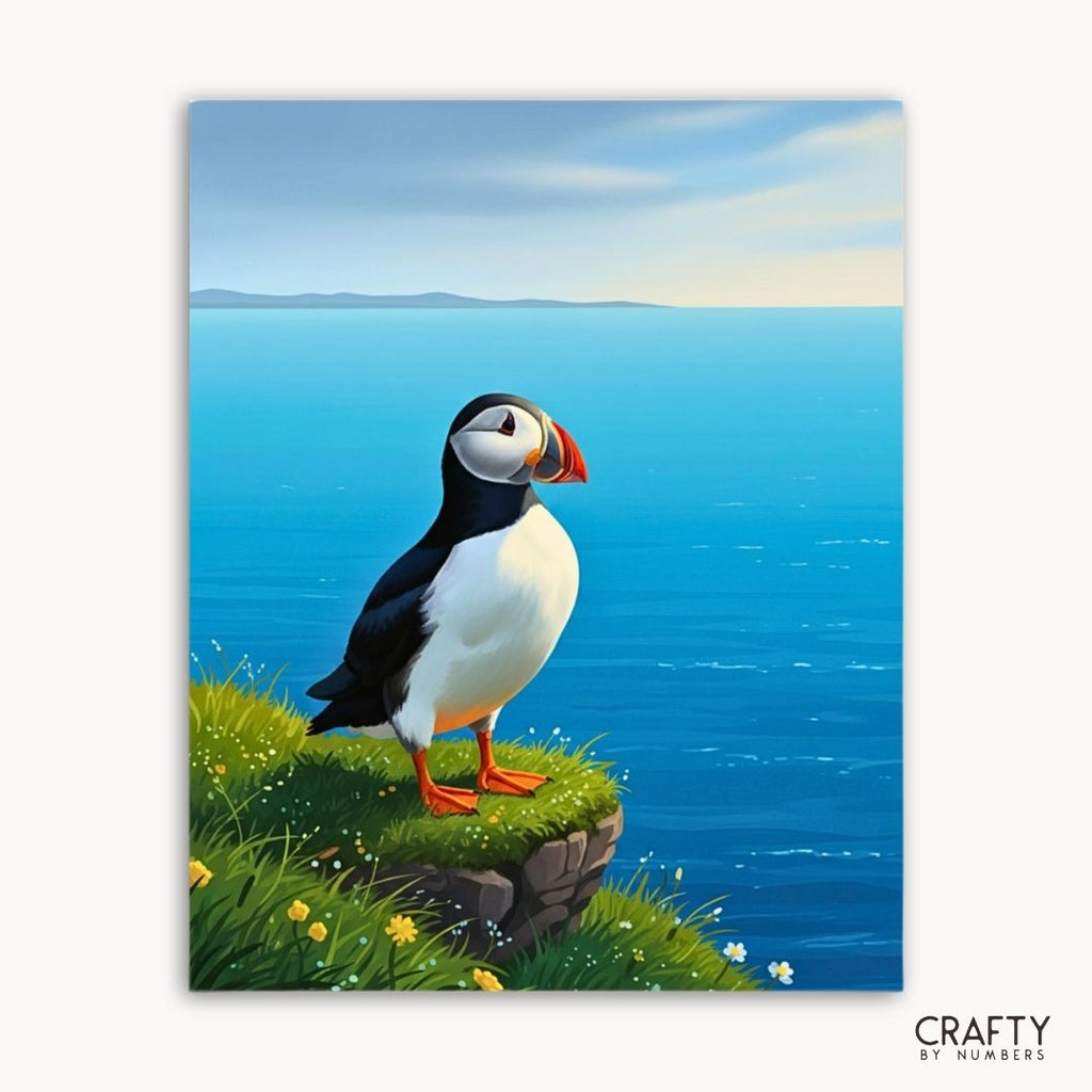 Cliffside Puffin Breeze paint by numbers artwork on canvas