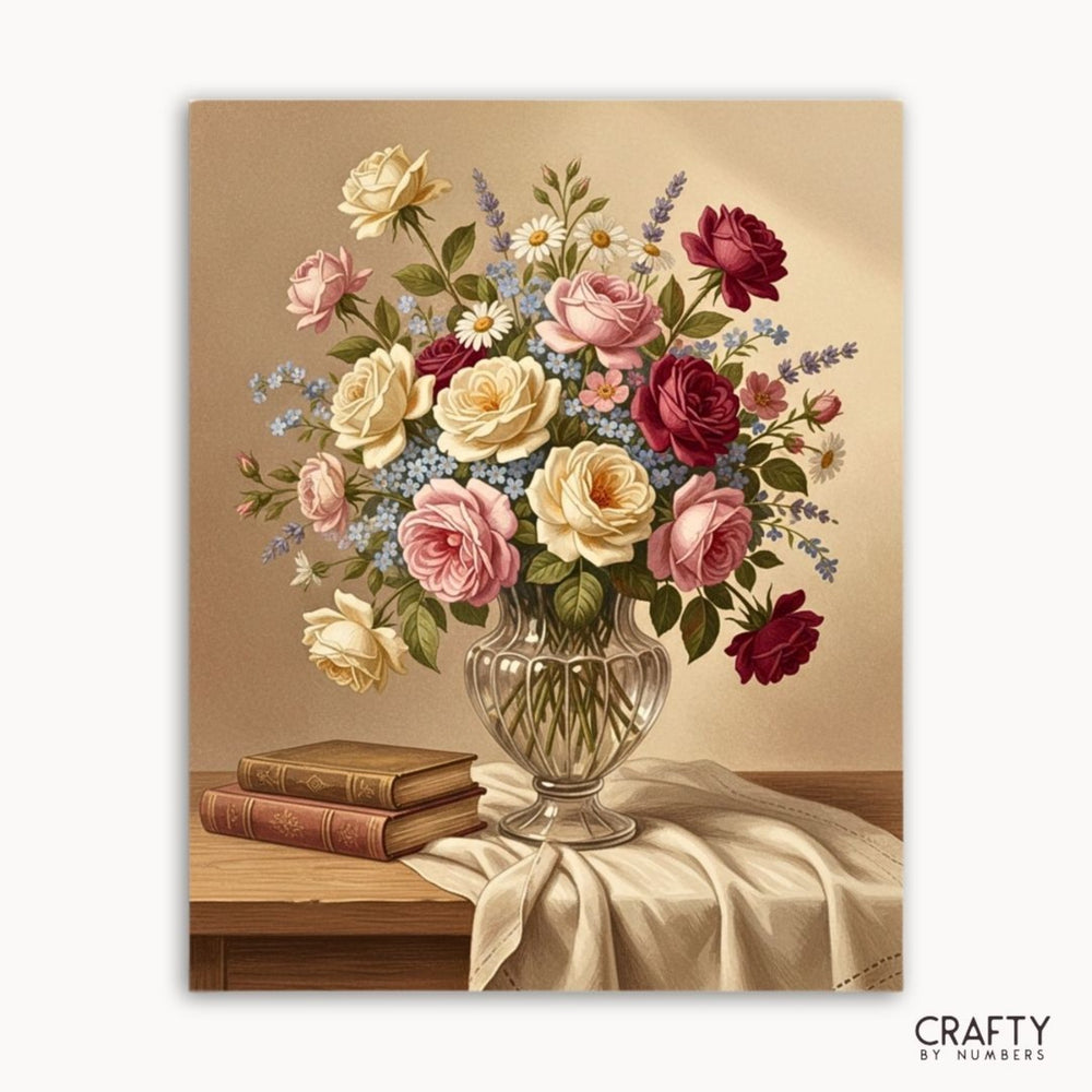 Floral arrangement in a vase on a table with books and a cloth, on a beige background.
