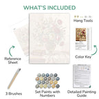 Artistic painting kit components including a canvas, brushes, paint set, reference sheet, color key, and detailed guide on a white background.