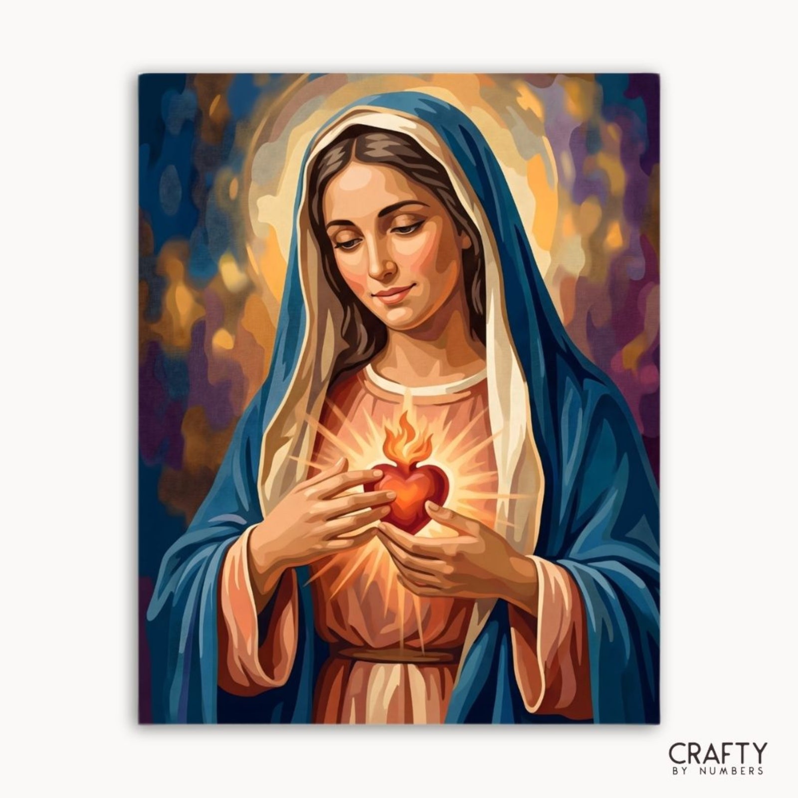 Sacred Heart Grace finished paint by numbers canvas showing Mary holding a radiant Sacred Heart