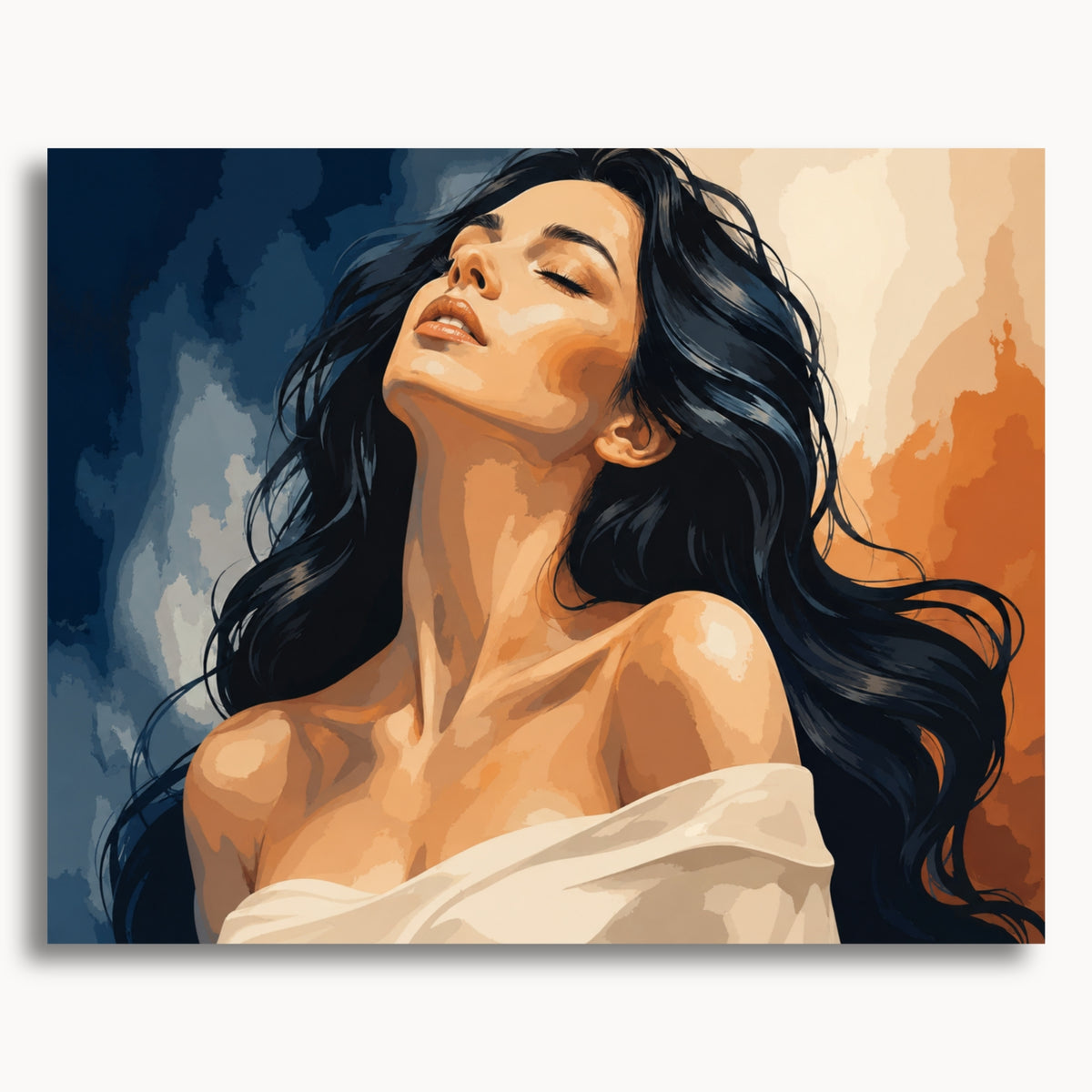 Undone: a dark-haired woman with closed eyes and white fabric draped below her bare shoulders.