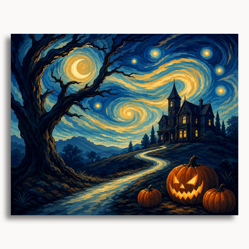 Starry Night Halloween paint by numbers artwork on canvas