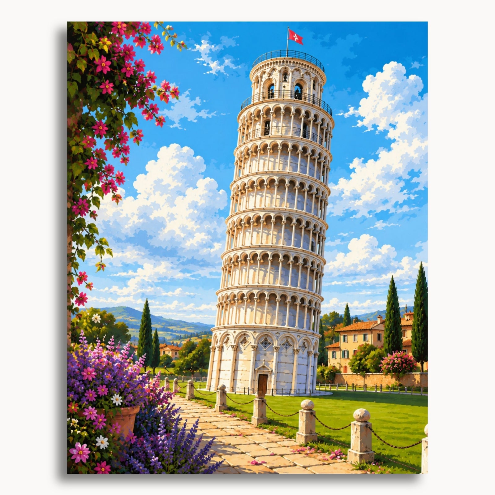 Leaning Tower of Pisa with flowers and a blue sky