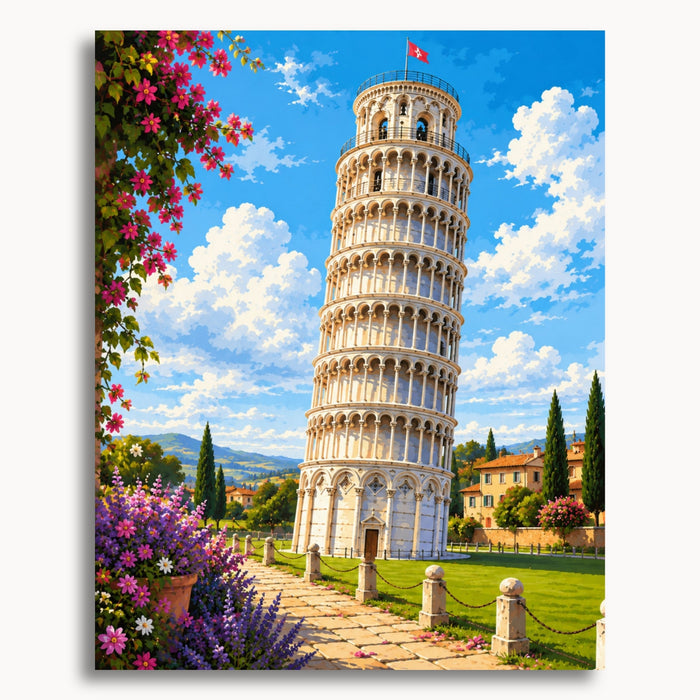 Schiefer Turm von Pisa mit Blumen und blauem Himmel