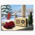 Winter Radio Retreat: a cream radio, red mittens and a green thermos on a windowsill overlooking snow.