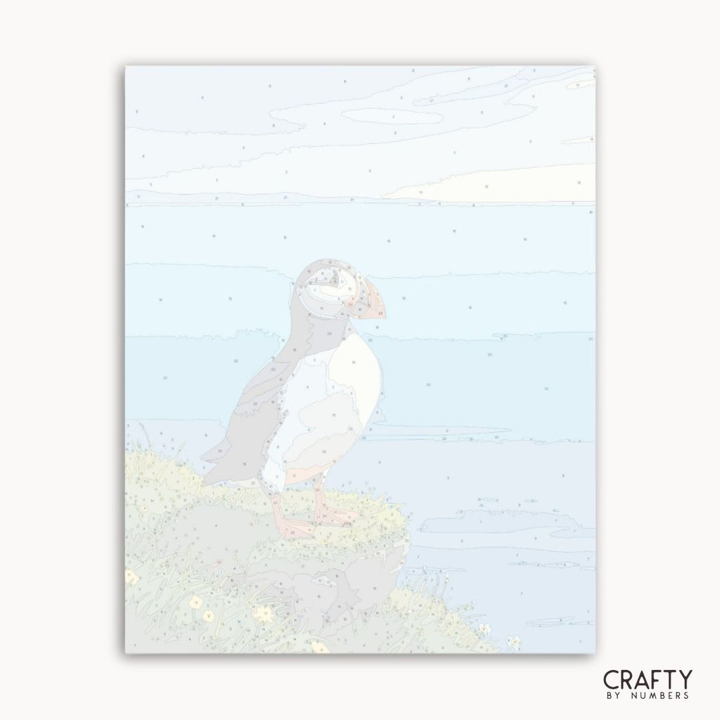Numbered canvas preview for the Cliffside Puffin Breeze paint by numbers kit