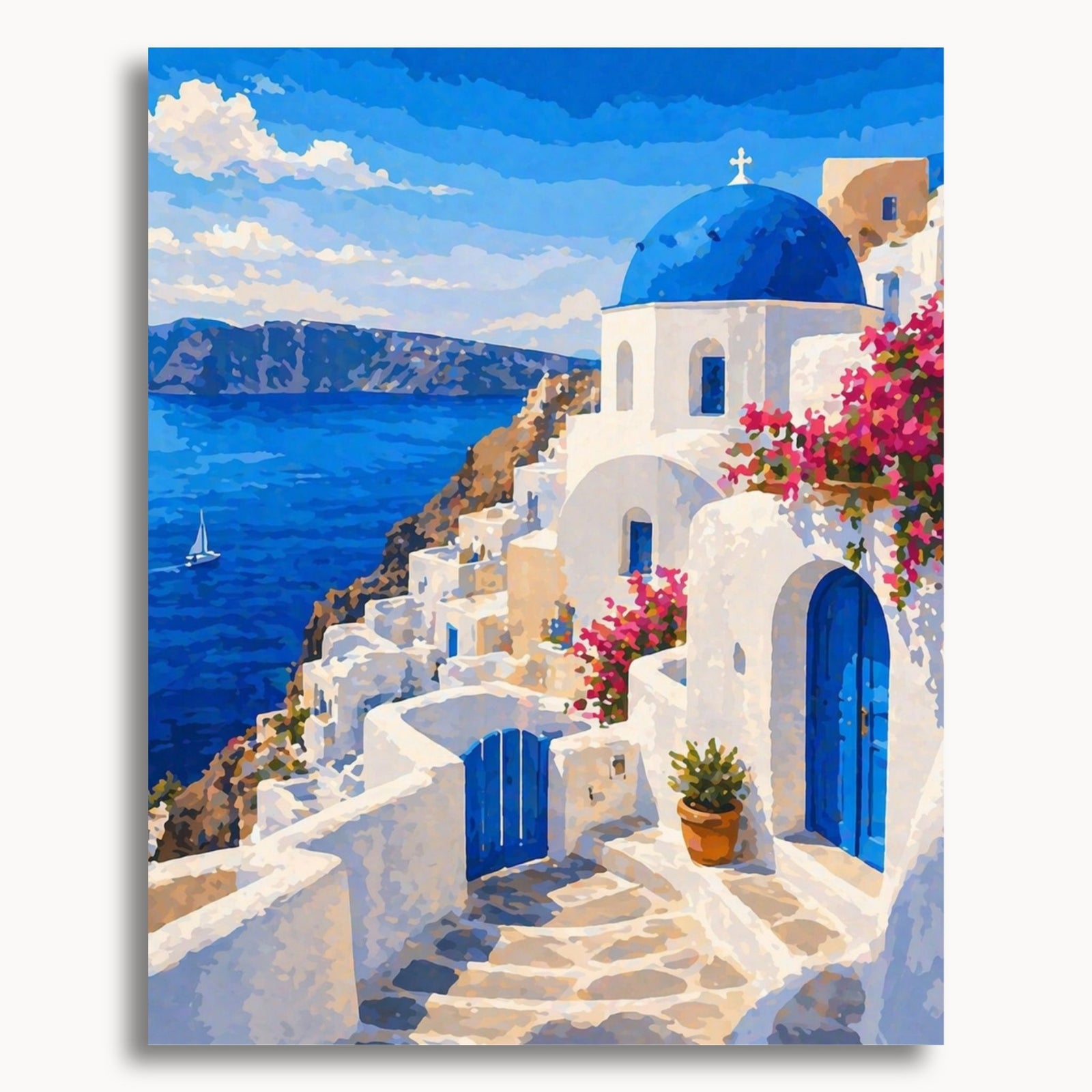 Greece scenic with blue-domed church and white buildings by the sea