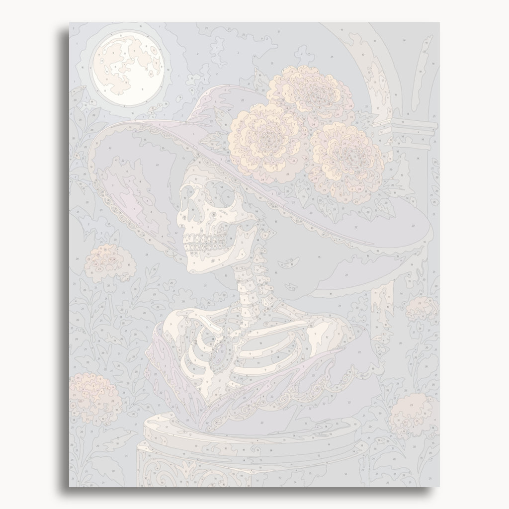 Numbered canvas preview for the Marigold Skeleton paint by numbers kit