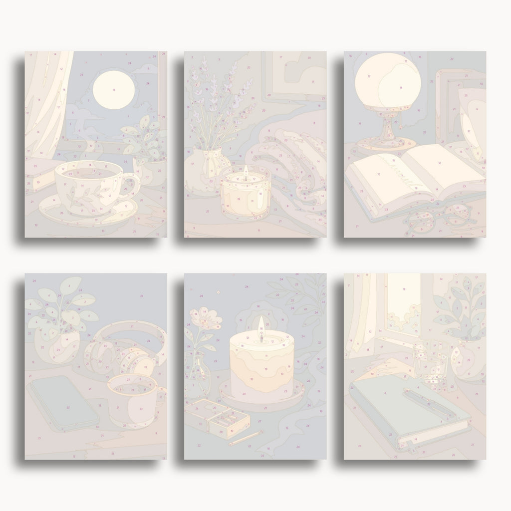 Numbered mini canvas previews for the Cozy Evening set