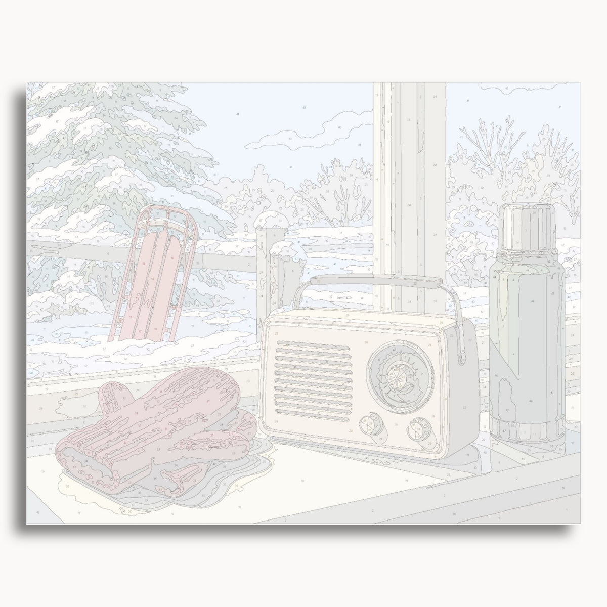 Numbered canvas preview for Winter Radio Retreat, showing outlined painting sections and color numbers.
