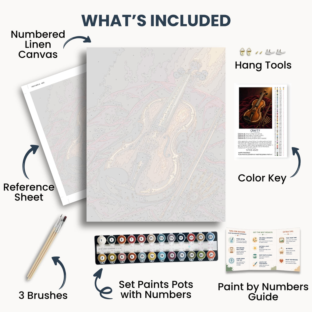 Skeleton Violin kit contents with numbered canvas, paints, brushes and guide