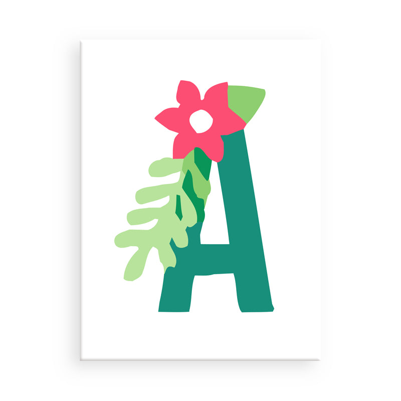 Letter 'A' with a pink flower and green leaves on a white background