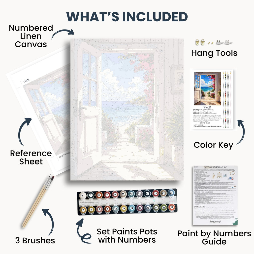 Coastal Door View kit contents with numbered canvas, paints, brushes and guide