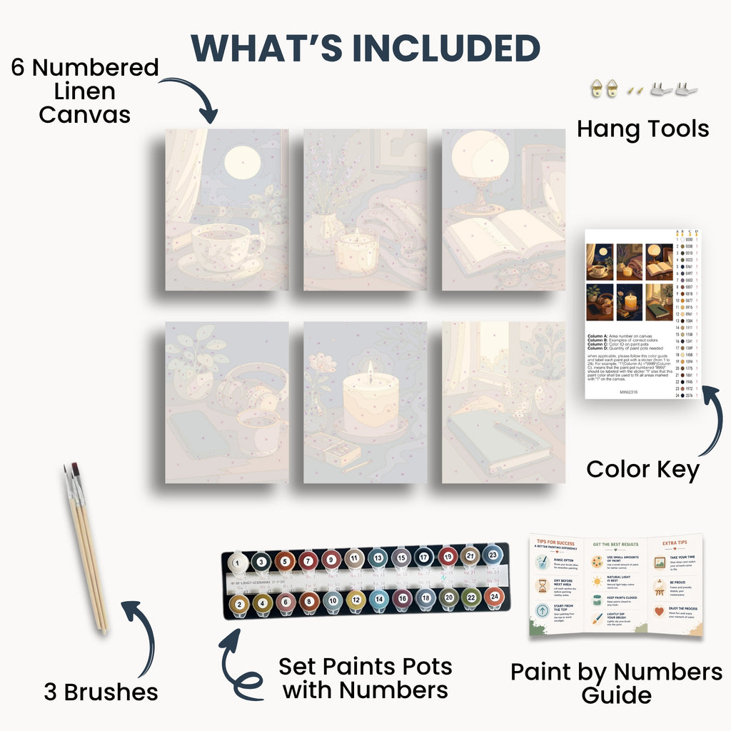 Cozy Evening mini kit contents with six canvases, paints, brushes and guide