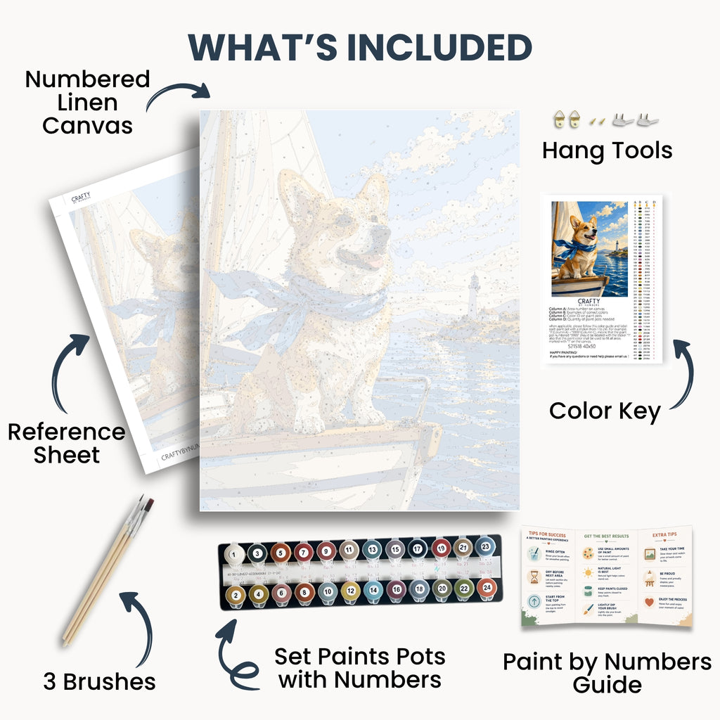 Sailing Corgi kit contents with numbered canvas, paints, brushes and guide
