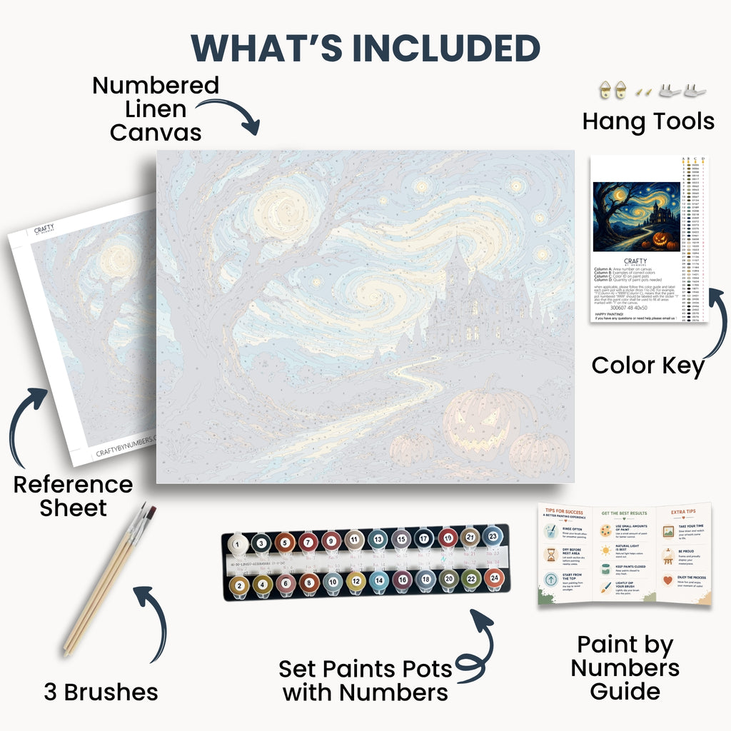 Starry Night Halloween kit contents with numbered canvas, paints, brushes and guide