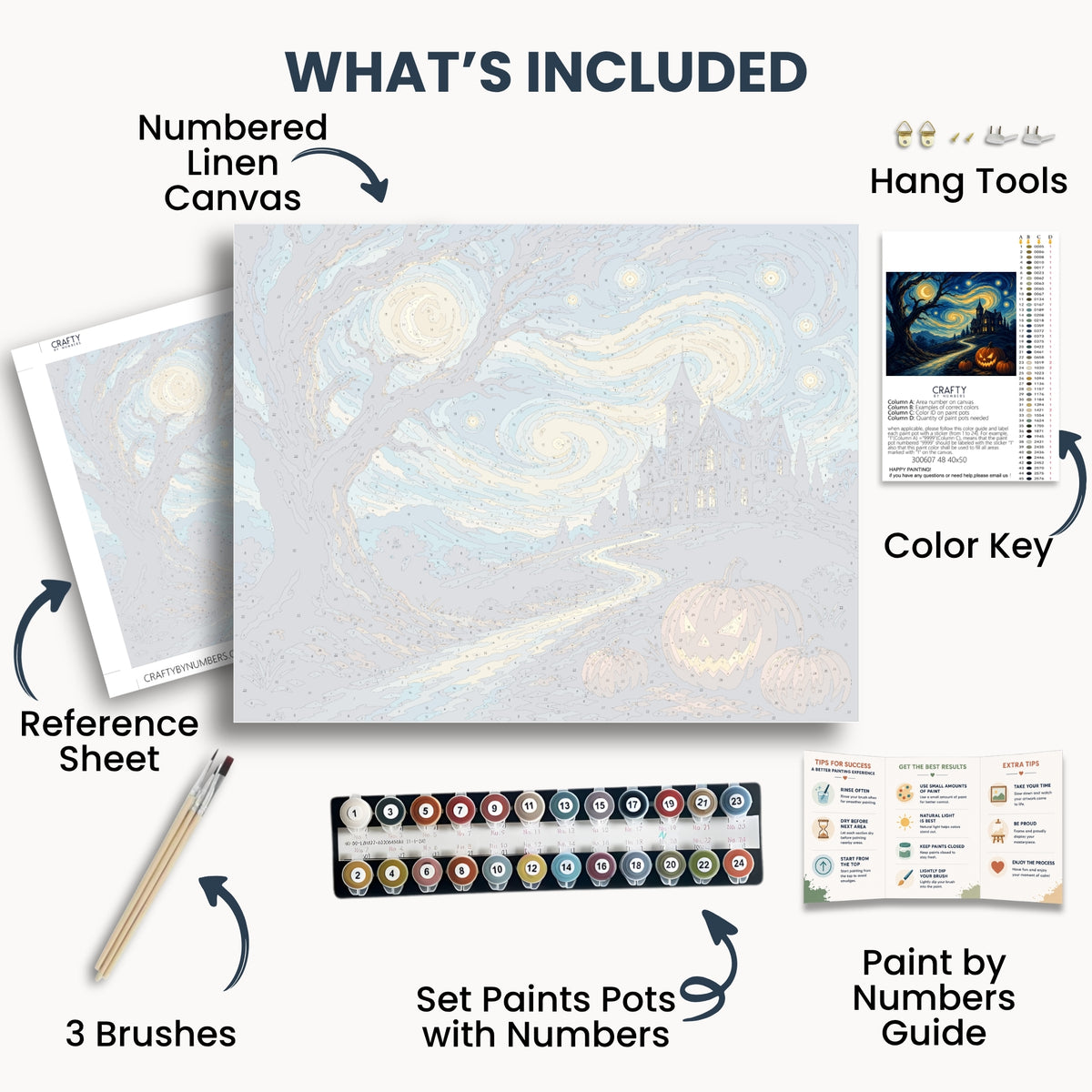 Starry Night Halloween kit contents with numbered canvas, paints, brushes and guide