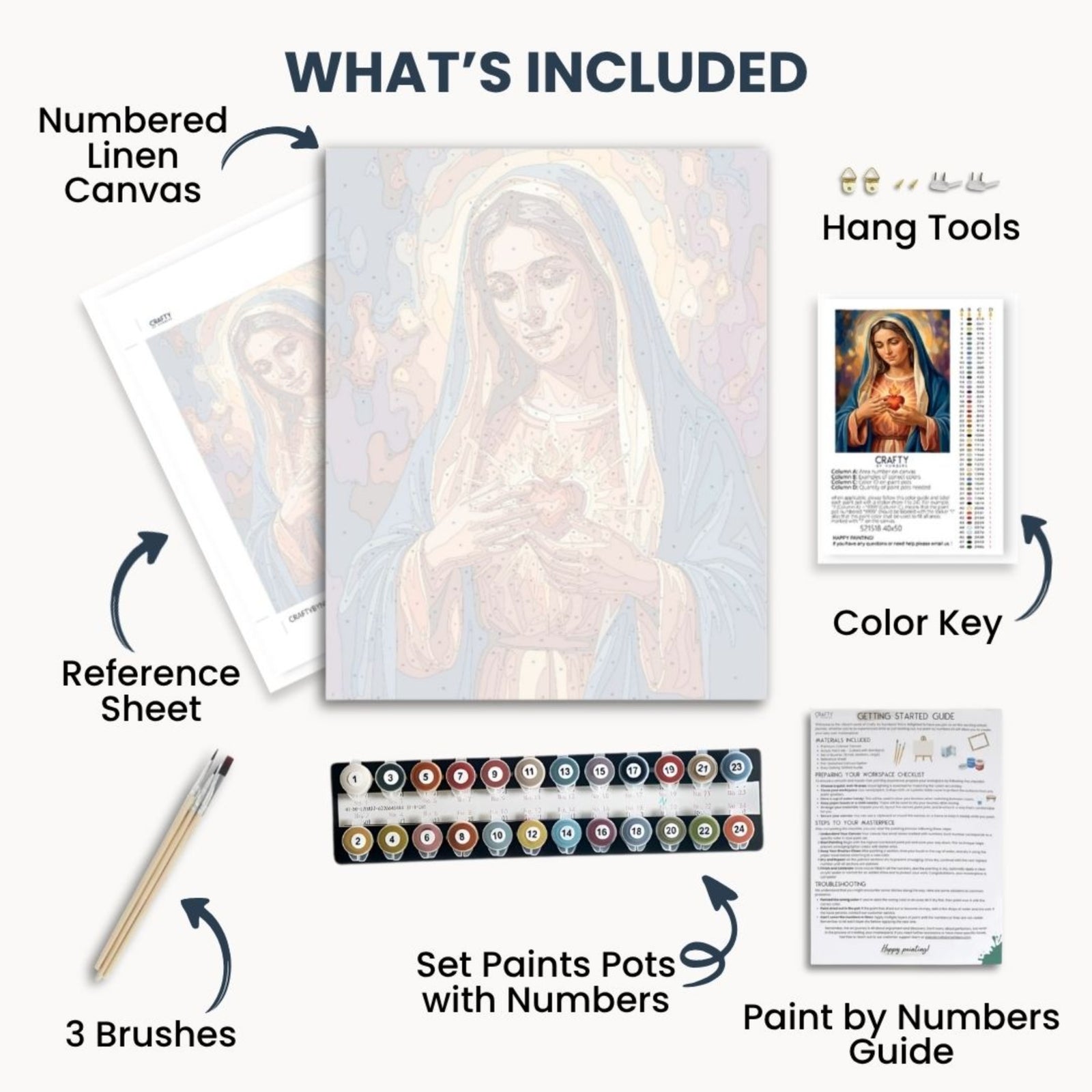 Sacred Heart Grace paint by numbers kit contents with canvas, acrylic paints, brushes, color key and guide