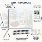 Winter Radio Retreat kit contents: numbered canvas, paints, three brushes, reference sheet, color key, painting guide and hanging hardware.