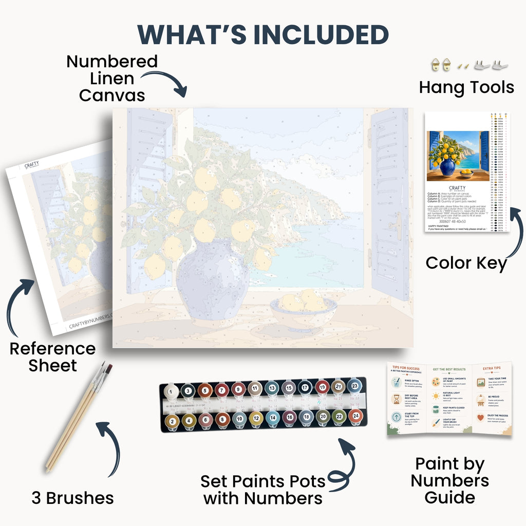 Contenido del kit Amalfi Morning Table con lienzo numerado, pinturas, pinceles y guía.