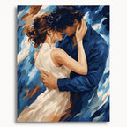 Only Us: a couple in blue and cream clothing embracing with their foreheads touching.