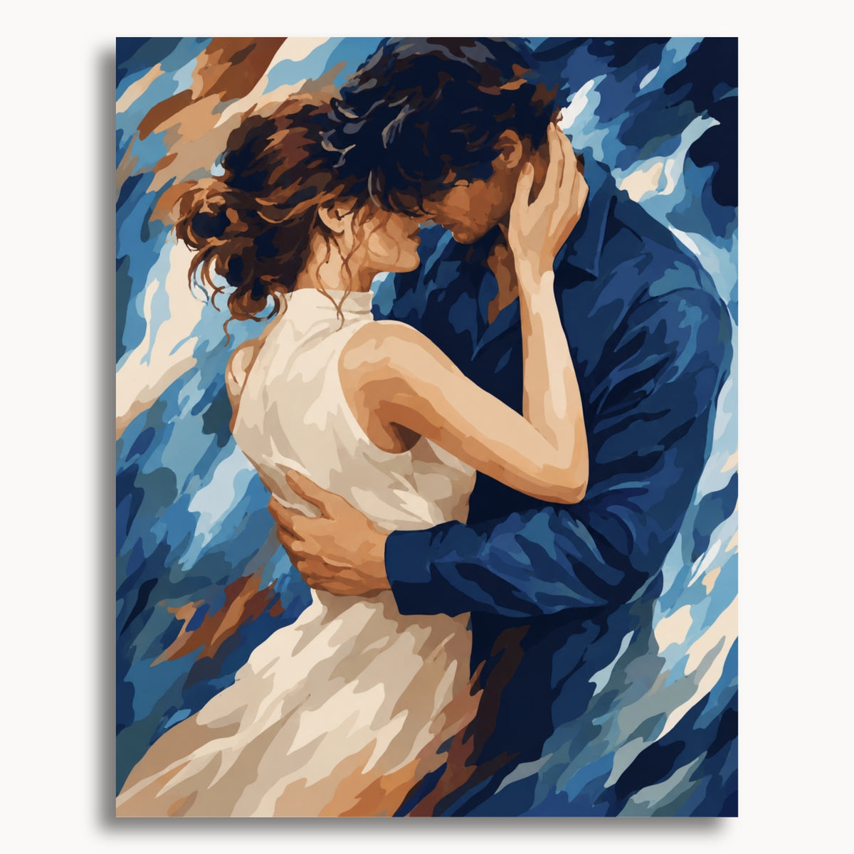 Only Us: a couple in blue and cream clothing embracing with their foreheads touching.
